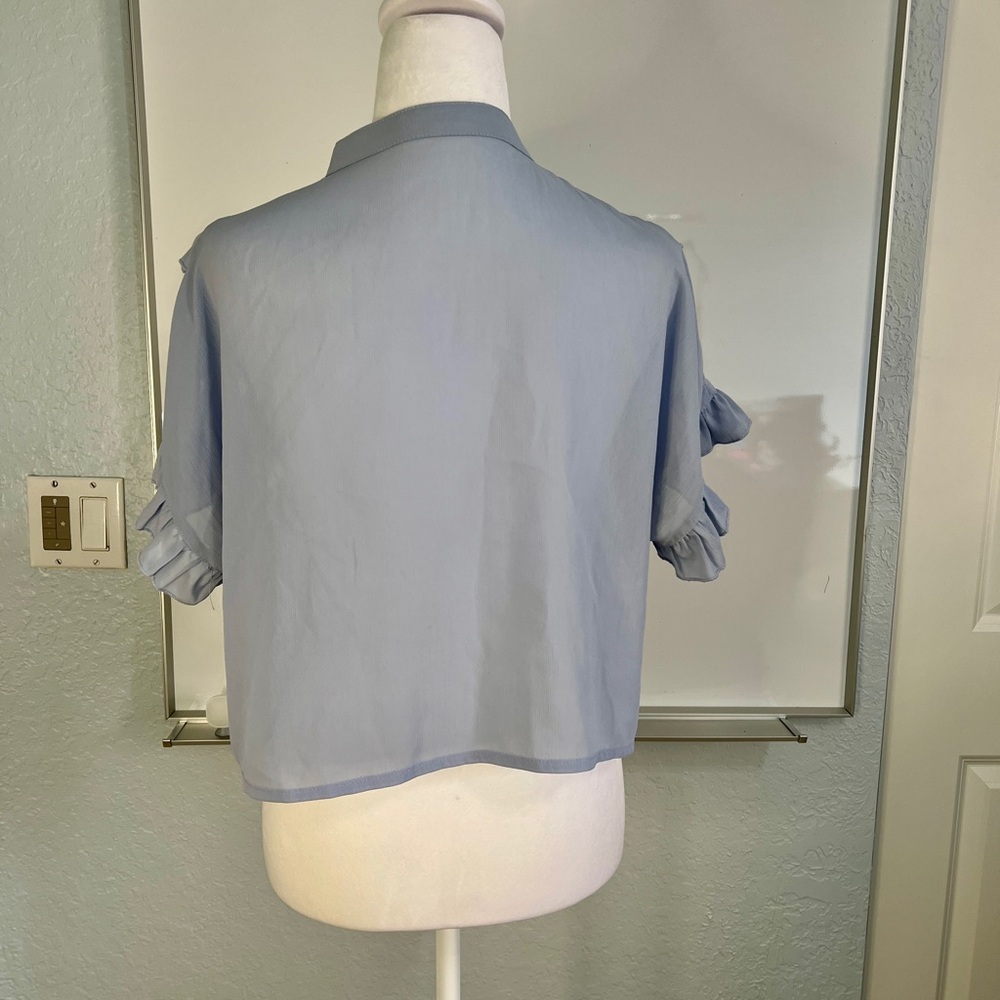 Light Blue Ruffled Button-Up Blouse - Picture 3 of 12